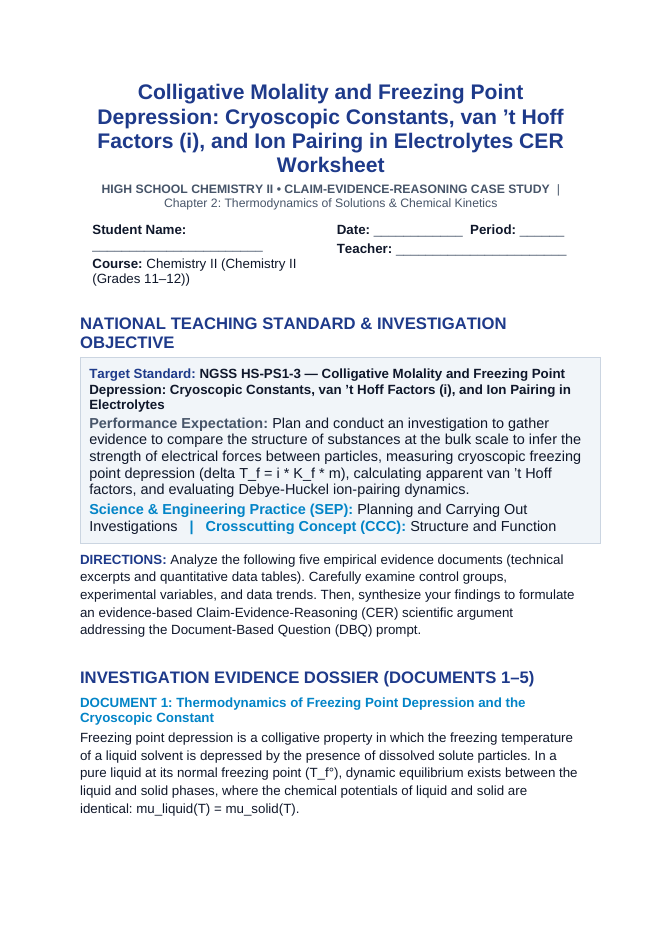Colligative Molality and Freezing Point Depression: Cryoscopic Constants, van ’t Hoff Factors (i), and Ion Pairing in Electrolytes CER Phenomena Worksheet sample page