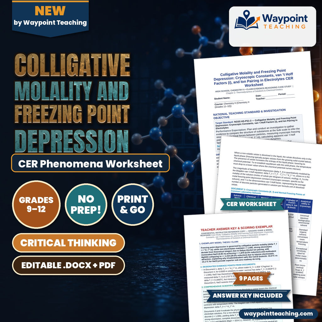 Colligative Molality and Freezing Point Depression: Cryoscopic Constants, van ’t Hoff Factors (i), and Ion Pairing in Electrolytes CER Phenomena Worksheet cover
