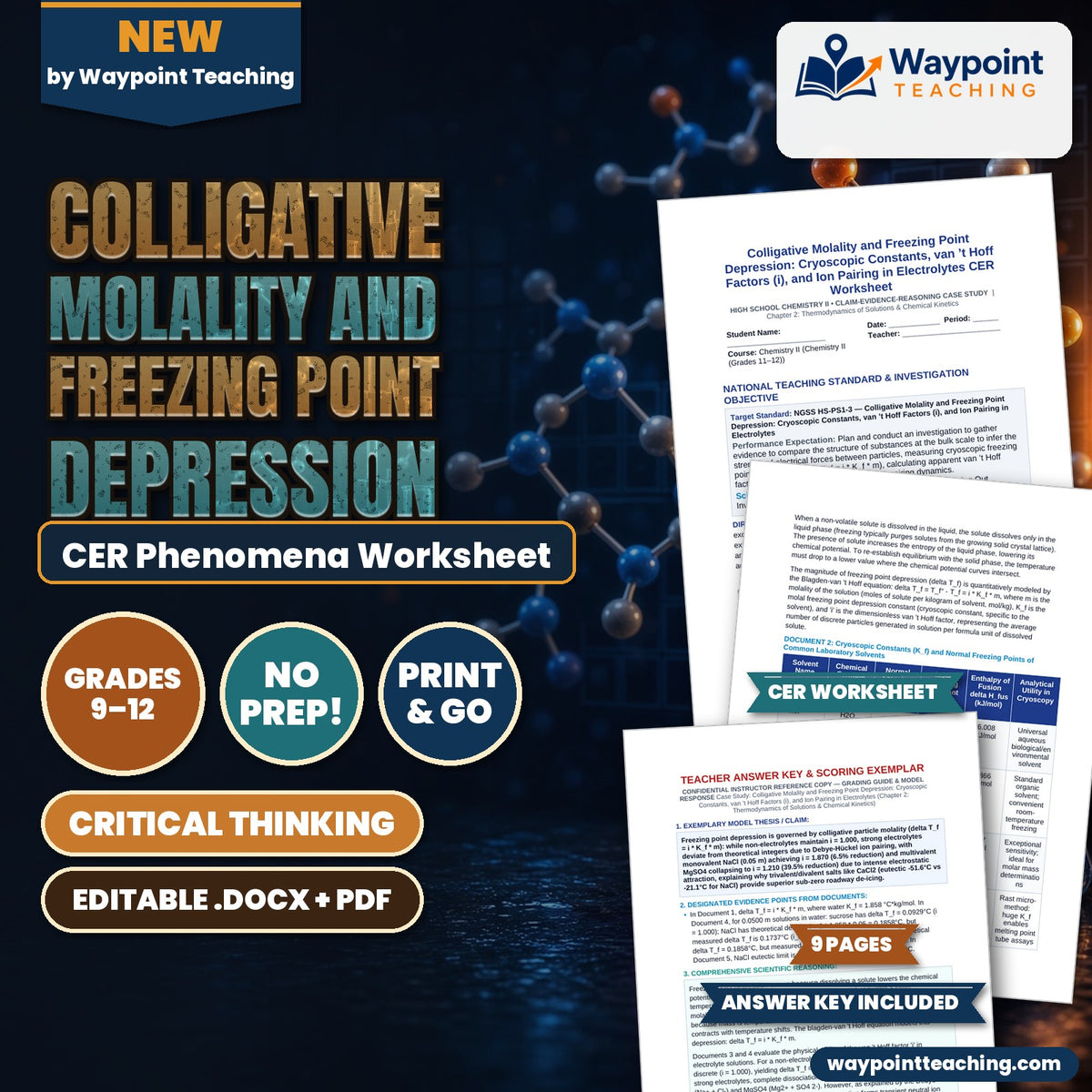 Colligative Molality and Freezing Point Depression: Cryoscopic Constants, van ’t Hoff Factors (i), and Ion Pairing in Electrolytes CER Phenomena Worksheet cover