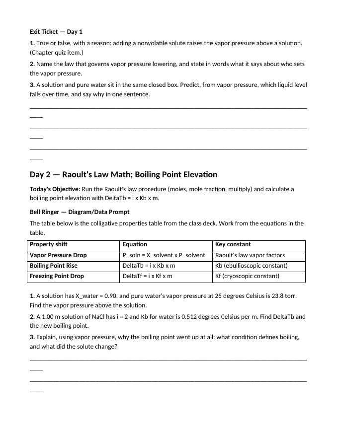 Colligative Properties Bell Ringers & Exit Tickets sample page