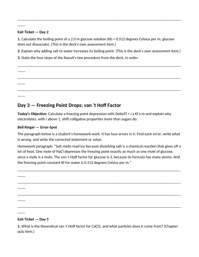 Colligative Properties Bell Ringers & Exit Tickets sample page