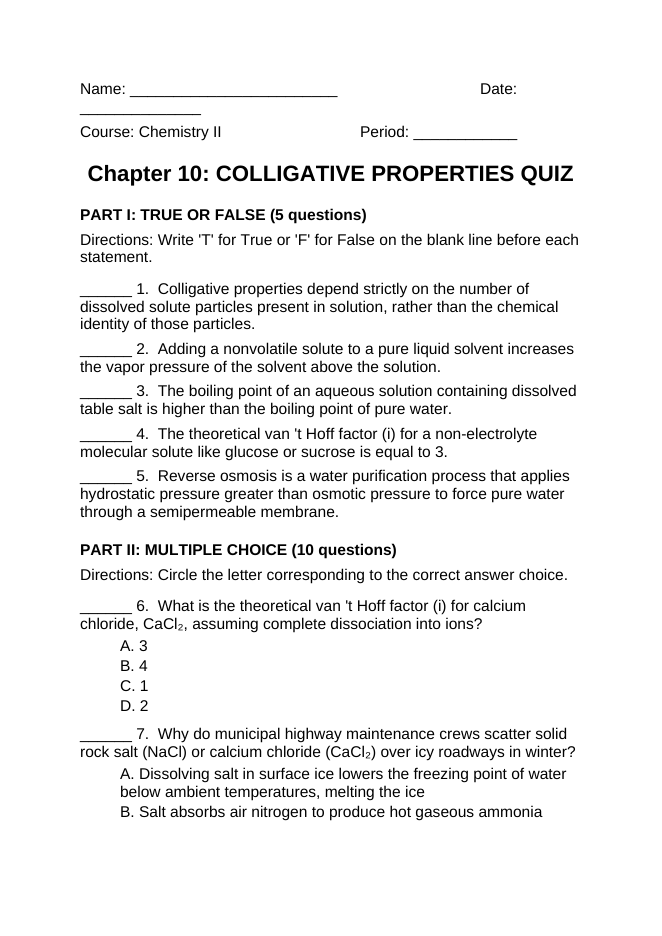 Colligative Properties Lesson Quiz sample page