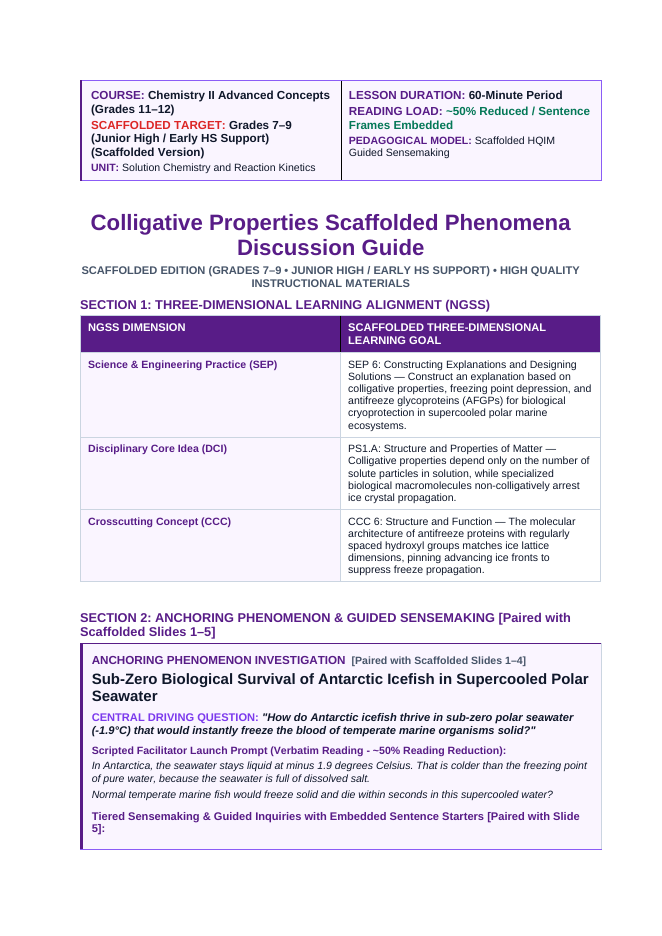 Colligative Properties Scaffolded Phenomena-Based Lesson: Sub-Zero Biological Survival of Antarctic Icefish in Supercooled Polar Seawater Teacher Discussion Guide sample page