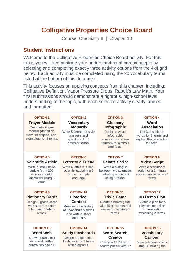 Colligative Properties Vocabulary Choice Board sample page