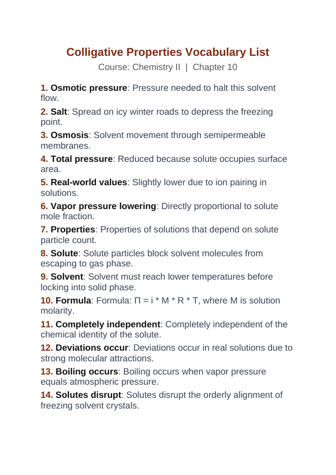 Colligative Properties Vocabulary Words & Definitions sample page