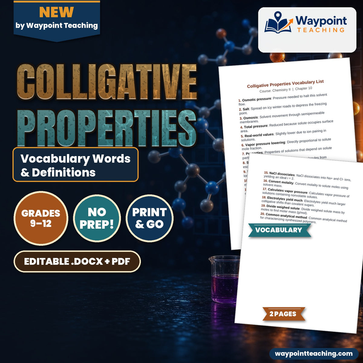 Colligative Properties Vocabulary Words & Definitions cover