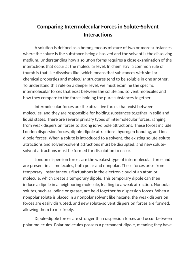 Comparing Intermolecular Forces in Solute-Solvent Interactions Reading Worksheet sample page