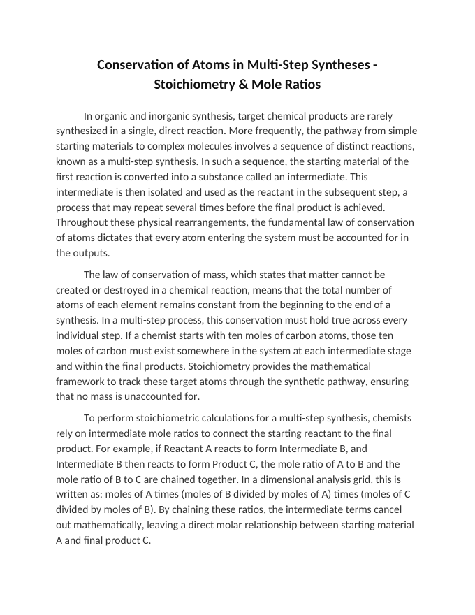 Conservation of Atoms in Multi-Step Syntheses Reading Worksheet sample page