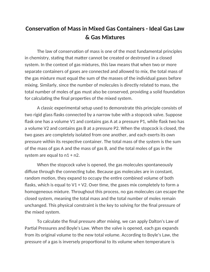 Conservation of Mass in Mixed Gas Containers Reading Worksheet sample page