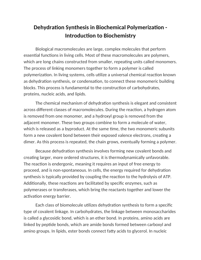 Dehydration Synthesis in Biochemical Polymerization Reading Worksheet sample page