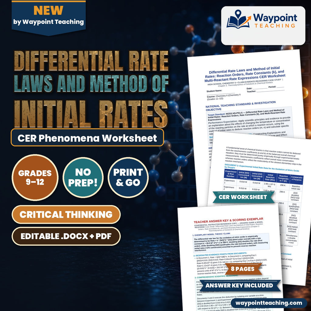 Differential Rate Laws and Method of Initial Rates: Reaction Orders, Rate Constants (k), and Multi-Reactant Rate Expressions CER Phenomena Worksheet cover