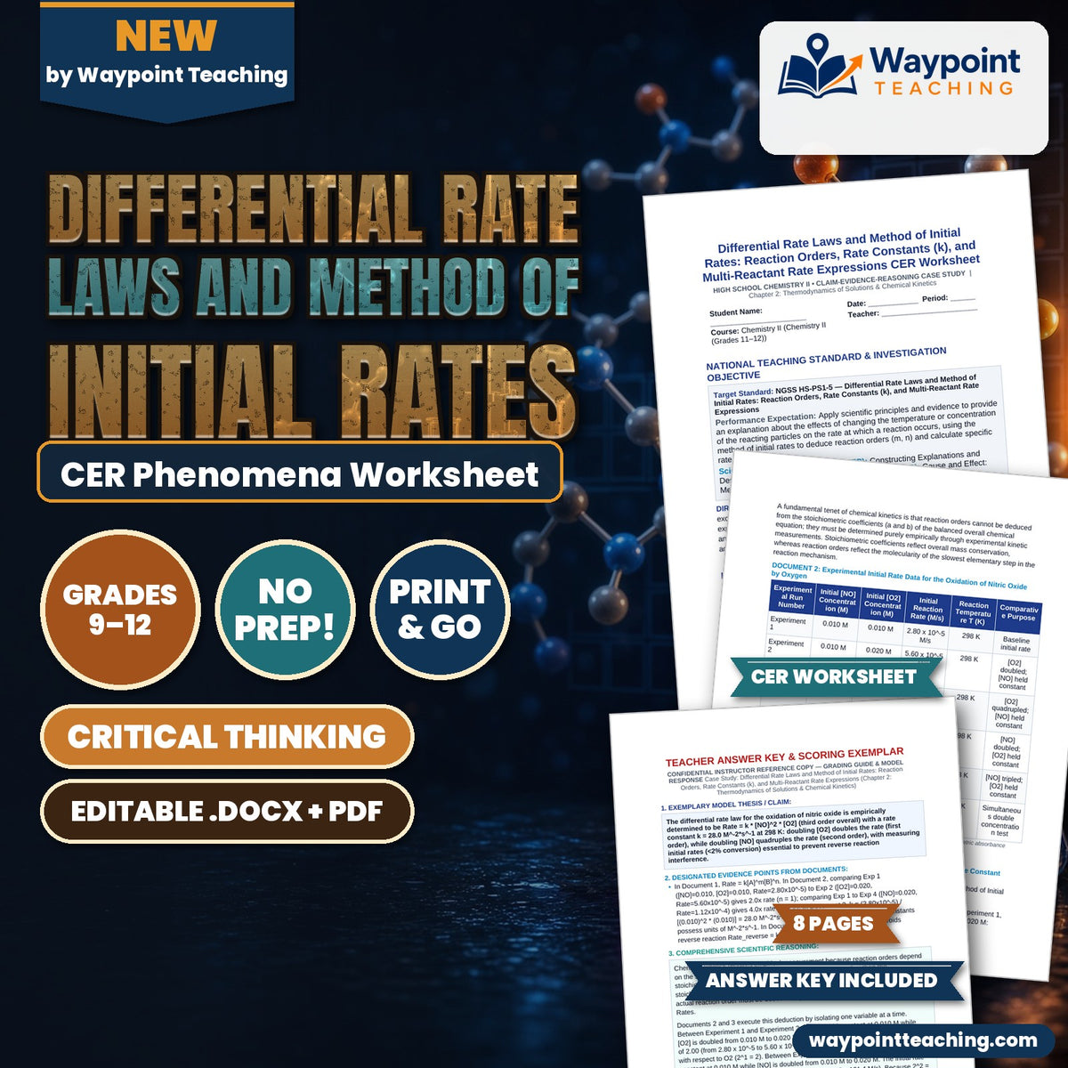 Differential Rate Laws and Method of Initial Rates: Reaction Orders, Rate Constants (k), and Multi-Reactant Rate Expressions CER Phenomena Worksheet cover
