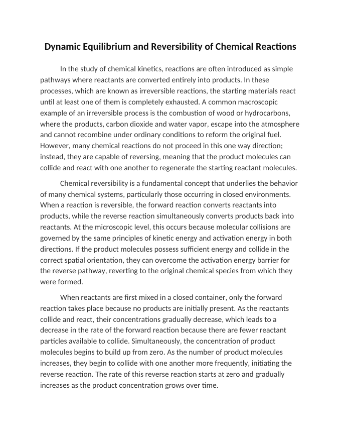 Dynamic Equilibrium and Reversibility of Chemical Reactions Reading Worksheet sample page