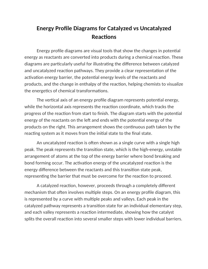 Energy Profile Diagrams for Catalyzed vs Uncatalyzed Reactions Reading Worksheet sample page