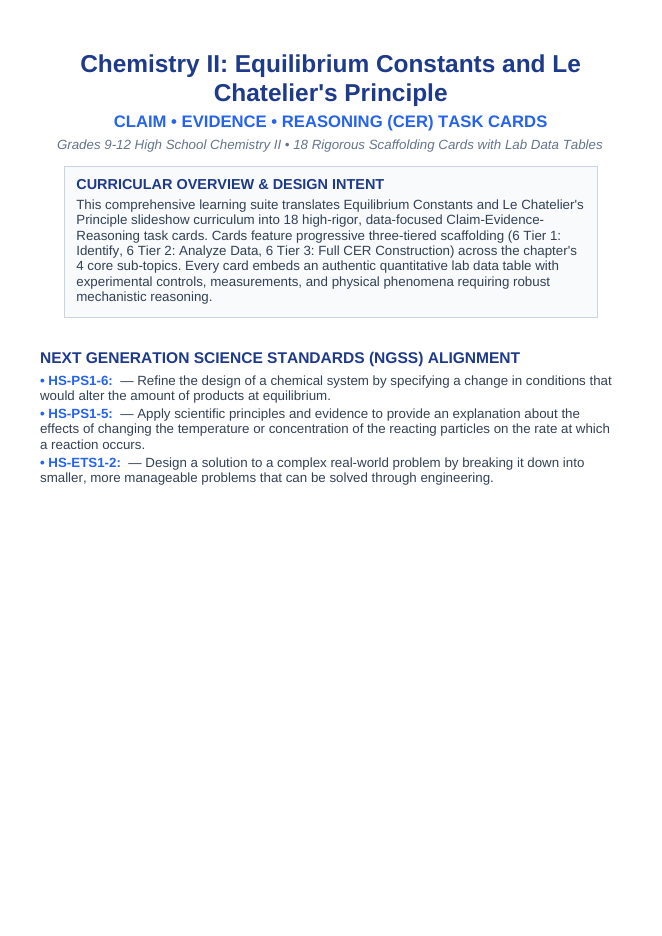 Equilibrium Constants & Le Chatelier's Principle CER Task Cards sample page
