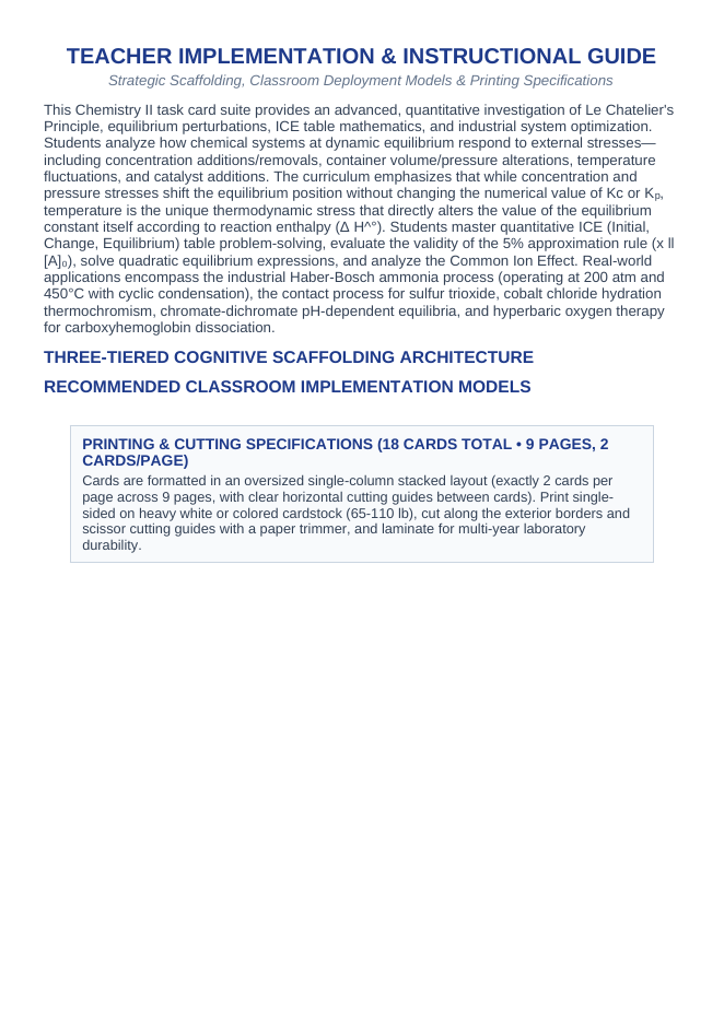 Equilibrium Constants & Le Chatelier's Principle CER Task Cards sample page