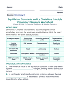 Equilibrium Constants & Le Chatelier's Principle Fill-in-the-Blank Vocabulary Worksheet sample page