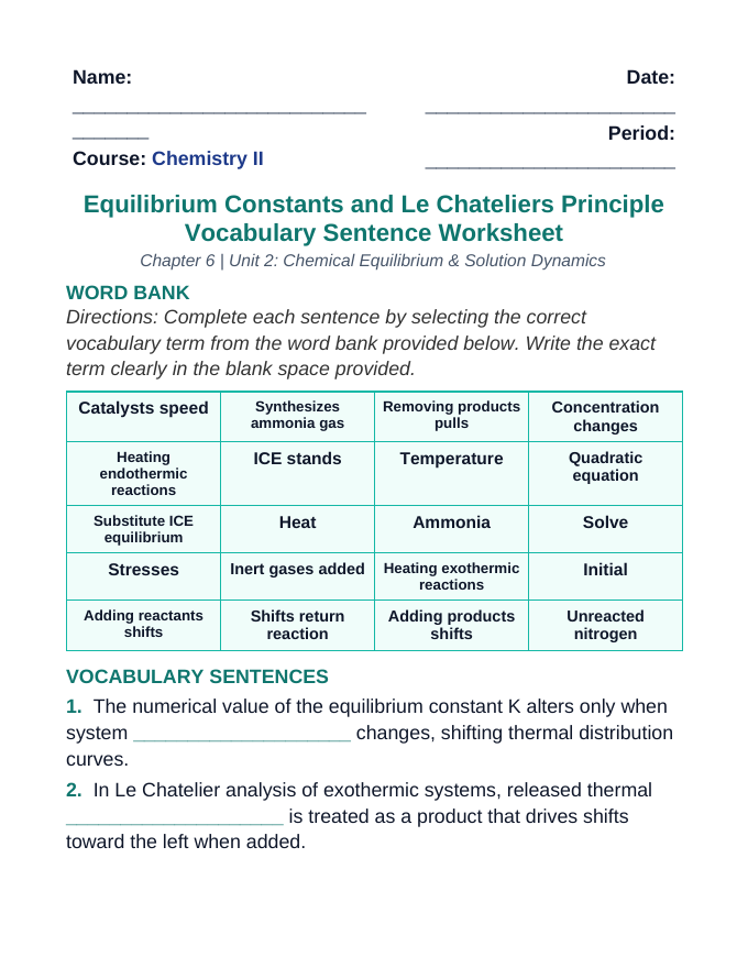Equilibrium Constants & Le Chatelier's Principle Fill-in-the-Blank Vocabulary Worksheet sample page