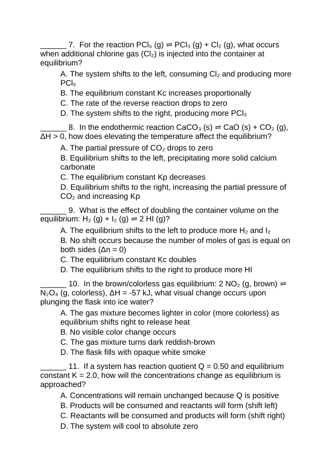 Equilibrium Constants & Le Chatelier's Principle Lesson Quiz sample page
