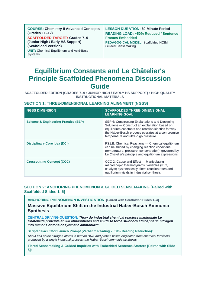Equilibrium Constants & Le Chatelier's Principle Scaffolded Phenomena-Based Lesson: Massive Equilibrium Shift in the Industrial Haber-Bosch Ammonia Synthesis Teacher Discussion Guide sample page
