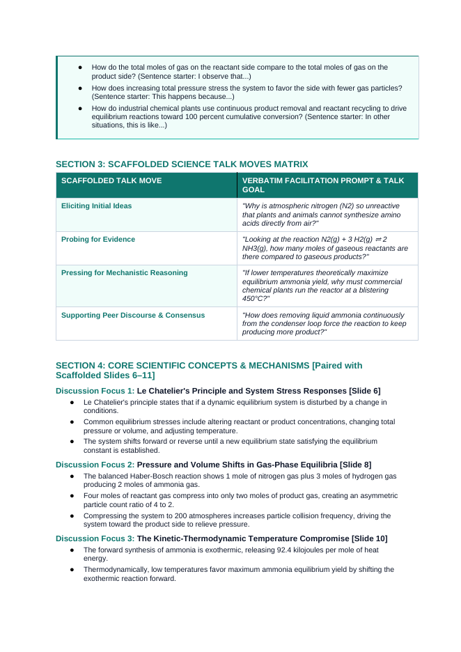 Equilibrium Constants & Le Chatelier's Principle Scaffolded Phenomena-Based Lesson: Massive Equilibrium Shift in the Industrial Haber-Bosch Ammonia Synthesis Teacher Discussion Guide sample page
