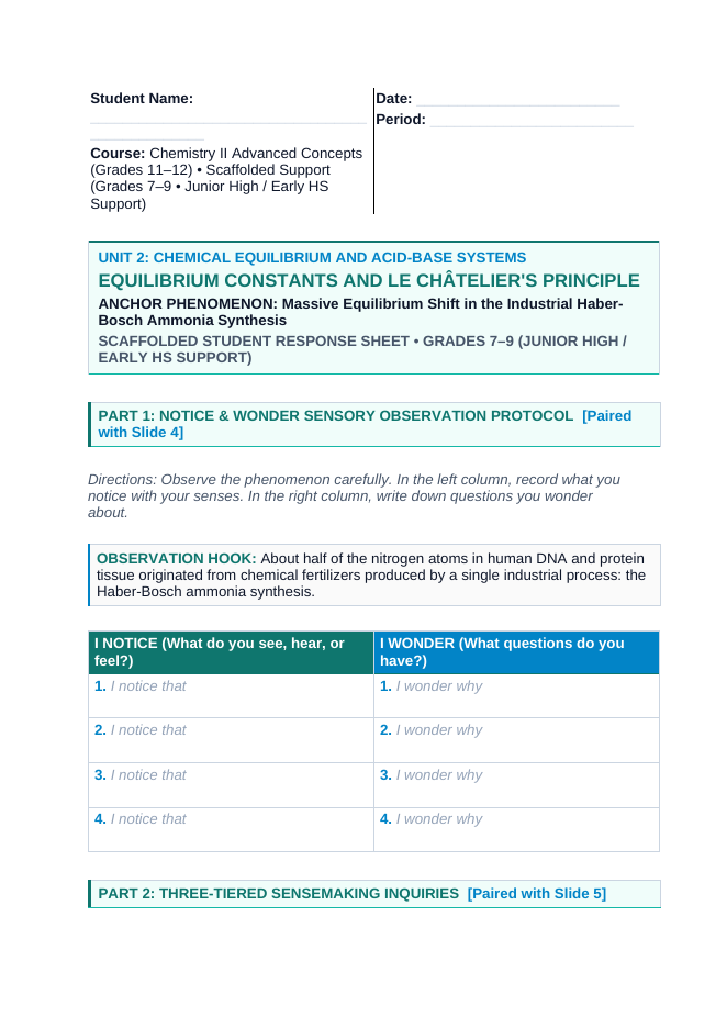 Equilibrium Constants & Le Chatelier's Principle Scaffolded Phenomena-Based Lesson: Massive Equilibrium Shift in the Industrial Haber-Bosch Ammonia Synthesis Student Response Sheet sample page