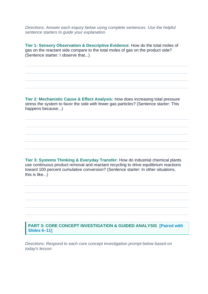 Equilibrium Constants & Le Chatelier's Principle Scaffolded Phenomena-Based Lesson: Massive Equilibrium Shift in the Industrial Haber-Bosch Ammonia Synthesis Student Response Sheet sample page