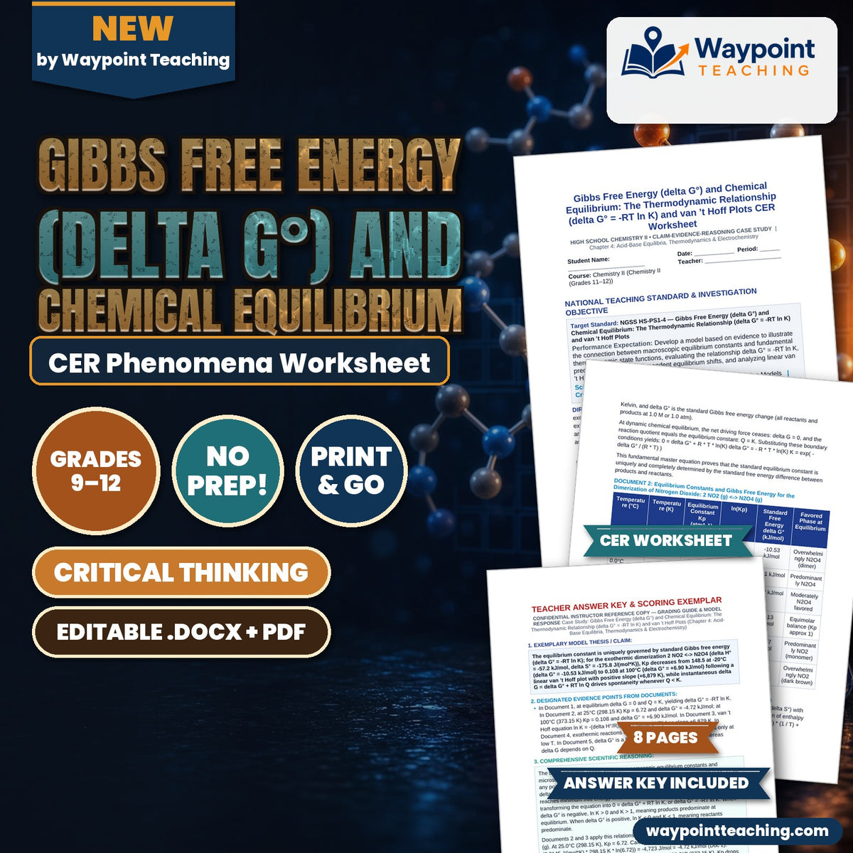 Gibbs Free Energy (delta G°) and Chemical Equilibrium: The Thermodynamic Relationship (delta G° = -RT ln K) and van ’t Hoff Plots CER Phenomena Worksheet cover