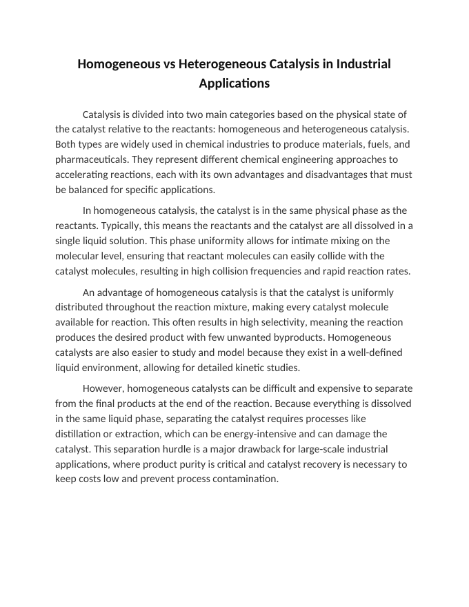 Homogeneous vs Heterogeneous Catalysis in Industrial Applications Reading Worksheet sample page