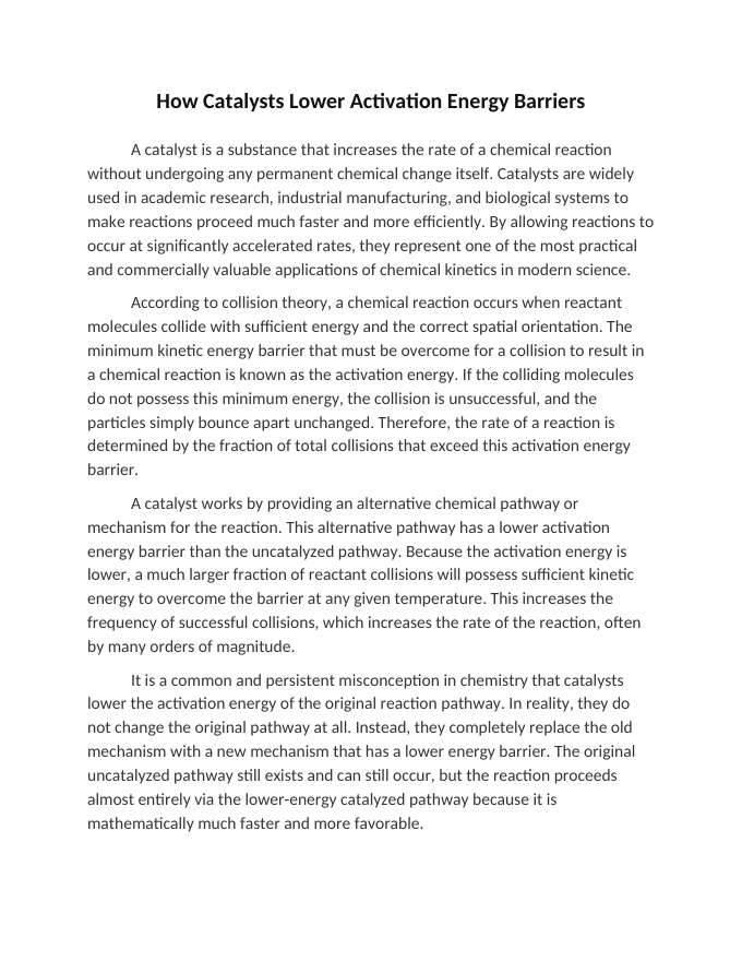 How Catalysts Lower Activation Energy Barriers Reading Worksheet sample page