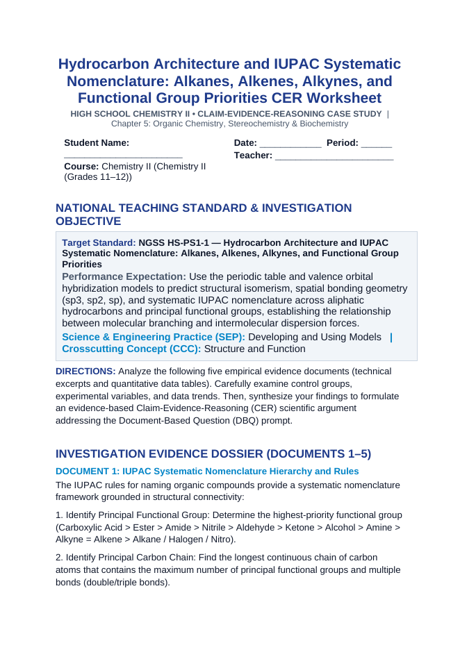 Hydrocarbon Architecture and IUPAC Systematic Nomenclature: Alkanes, Alkenes, Alkynes, and Functional Group Priorities CER Phenomena Worksheet sample page