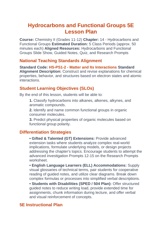 Hydrocarbons & Functional Groups 5E Lesson Plan sample page