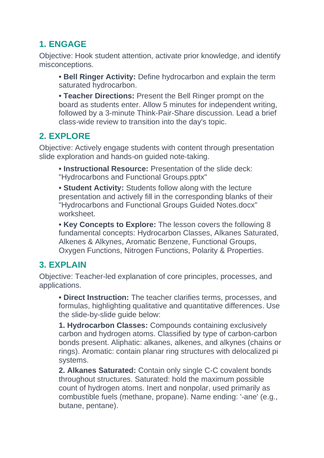 Hydrocarbons & Functional Groups 5E Lesson Plan sample page