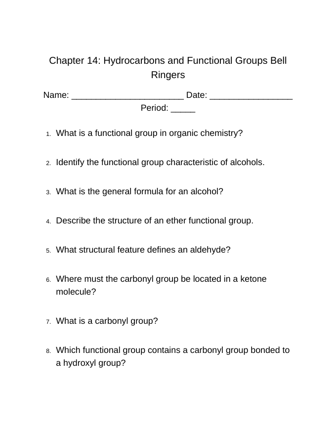 Hydrocarbons & Functional Groups Bell Ringers & Exit Tickets sample page