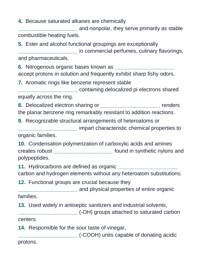 Hydrocarbons & Functional Groups Fill-in-the-Blank Vocabulary Worksheet sample page