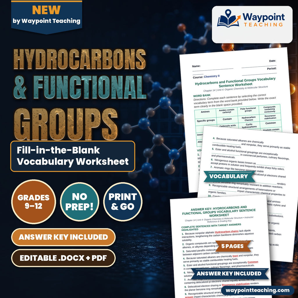 Hydrocarbons & Functional Groups Fill-in-the-Blank Vocabulary Worksheet cover