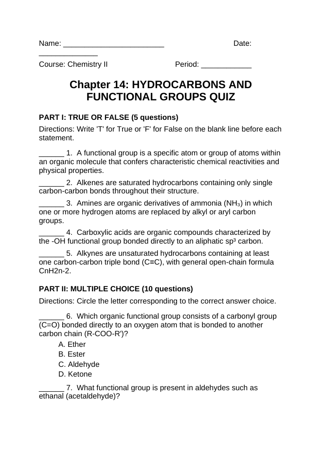 Hydrocarbons & Functional Groups Lesson Quiz sample page