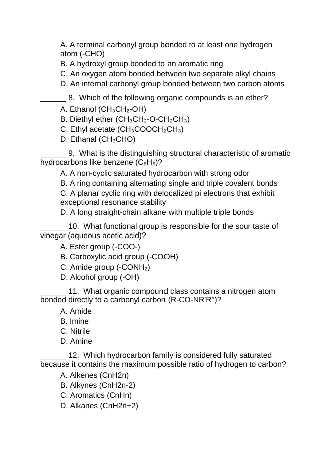 Hydrocarbons & Functional Groups Lesson Quiz sample page