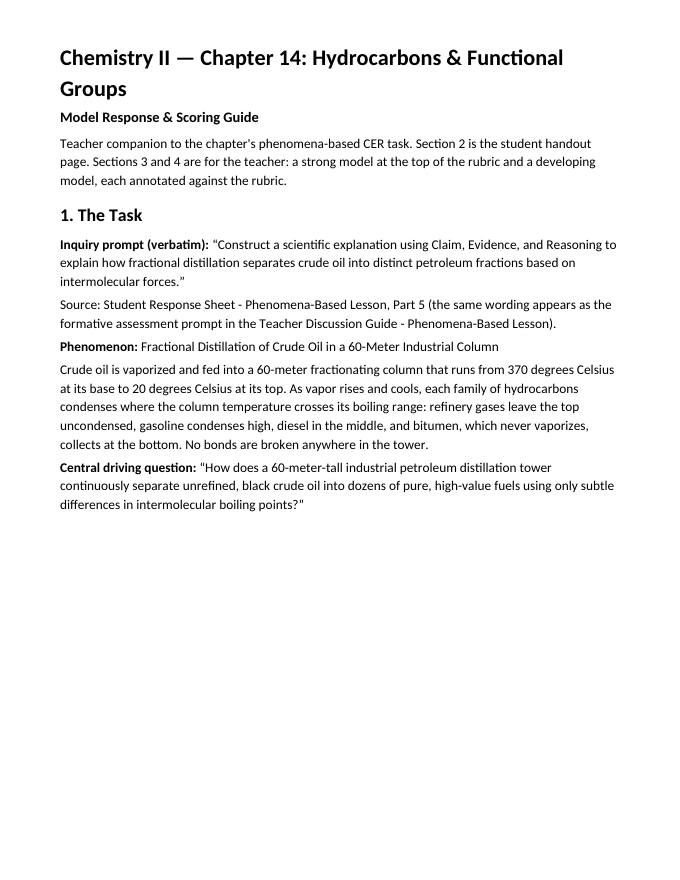 Hydrocarbons & Functional Groups Model Response & Scoring Guide sample page