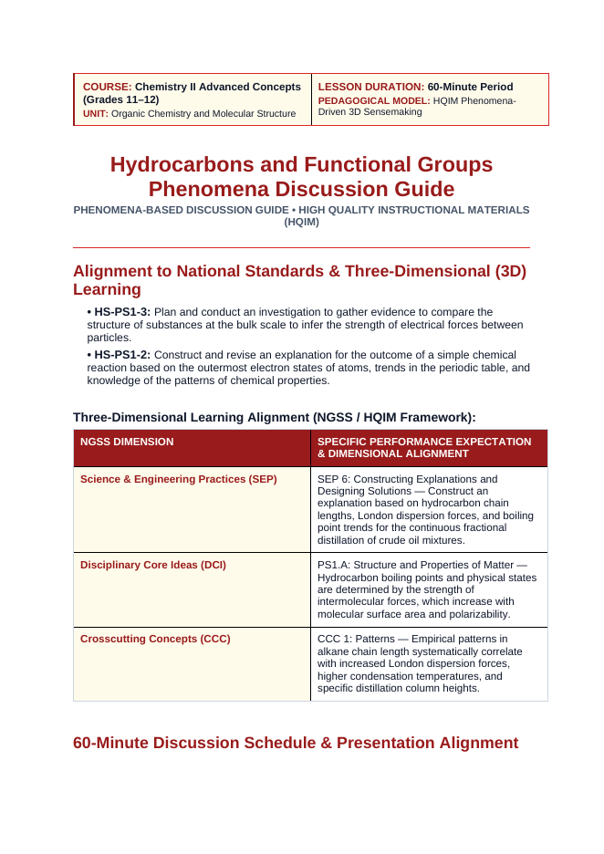 Hydrocarbons & Functional Groups Phenomena-Based Lesson: Continuous Thermal Separation of Complex Petroleum Hydrocarbon Mixtures in 60-Meter Industrial Fractionating Towers Teacher Discussion Guide sample page