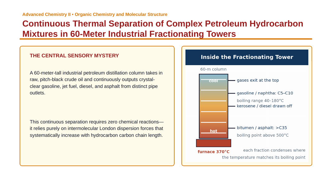 Hydrocarbons & Functional Groups Phenomena-Based Lesson: Continuous Thermal Separation of Complex Petroleum Hydrocarbon Mixtures in 60-Meter Industrial Fractionating Towers Presentation sample page