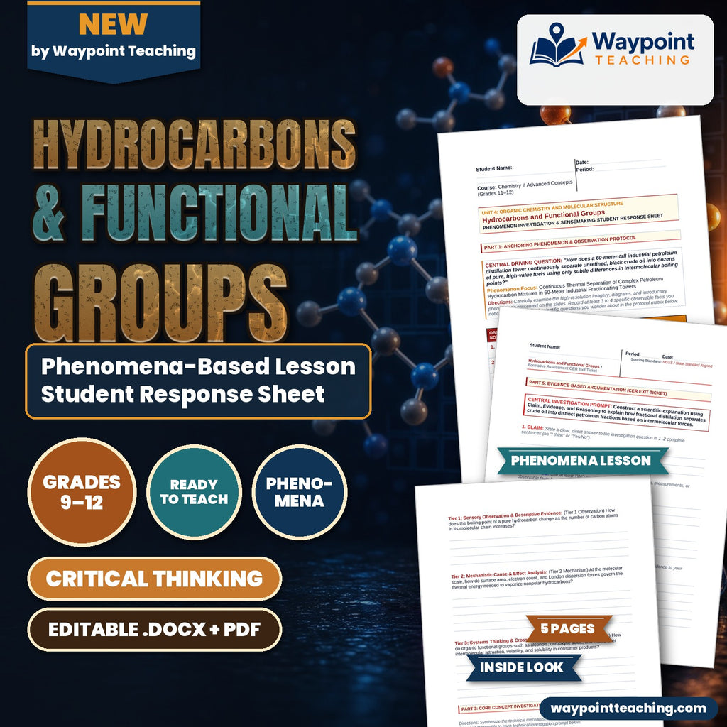 Hydrocarbons & Functional Groups Phenomena-Based Lesson: Continuous Thermal Separation of Complex Petroleum Hydrocarbon Mixtures in 60-Meter Industrial Fractionating Towers Student Response Sheet cover