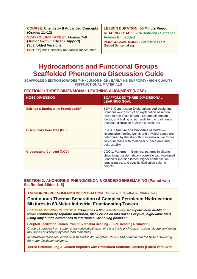 Hydrocarbons & Functional Groups Scaffolded Phenomena-Based Lesson: Continuous Thermal Separation of Complex Petroleum Hydrocarbon Mixtures in 60-Meter Industrial Fractionating Towers Teacher Discussion Guide sample page