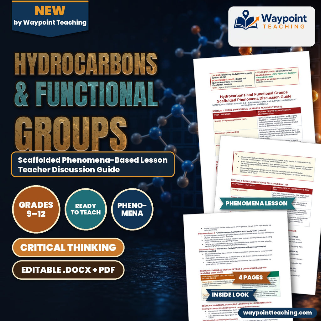 Hydrocarbons & Functional Groups Scaffolded Phenomena-Based Lesson: Continuous Thermal Separation of Complex Petroleum Hydrocarbon Mixtures in 60-Meter Industrial Fractionating Towers Teacher Discussion Guide cover