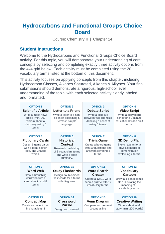 Hydrocarbons & Functional Groups Vocabulary Choice Board sample page