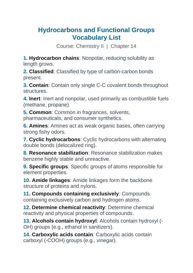Hydrocarbons & Functional Groups Vocabulary Words & Definitions sample page
