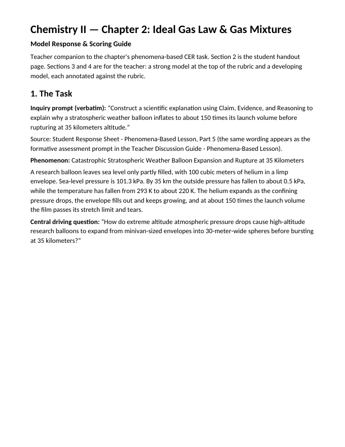 Ideal Gas Law & Gas Mixtures Model Response & Scoring Guide sample page