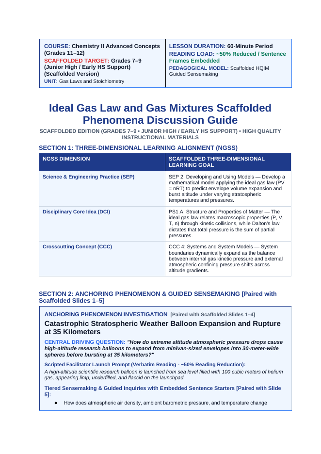 Ideal Gas Law & Gas Mixtures Scaffolded Phenomena-Based Lesson: Catastrophic Stratospheric Weather Balloon Expansion and Rupture at 35 Kilometers Teacher Discussion Guide sample page