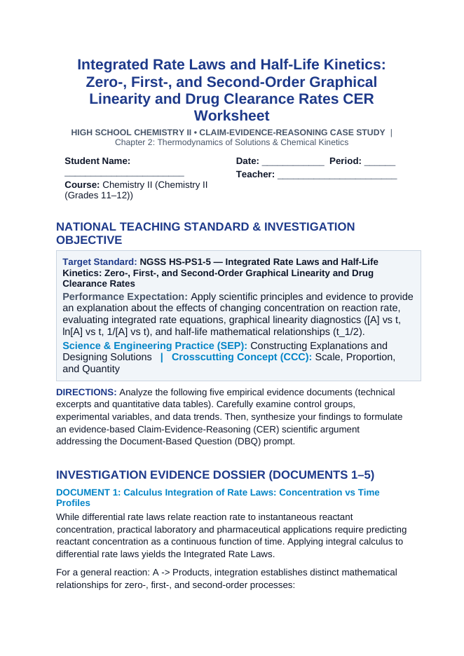 Integrated Rate Laws and Half-Life Kinetics: Zero-, First-, and Second-Order Graphical Linearity and Drug Clearance Rates CER Phenomena Worksheet sample page