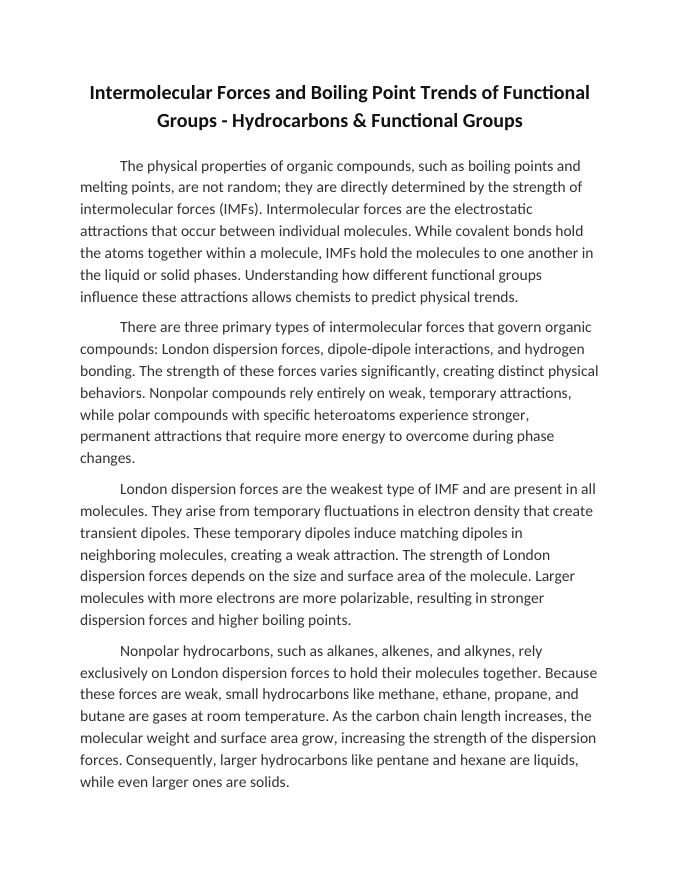 Intermolecular Forces and Boiling Point Trends of Functional Groups Reading Worksheet sample page